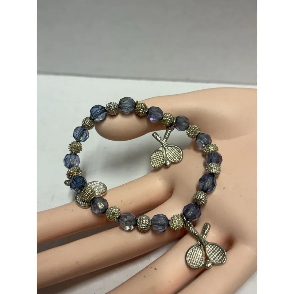 Bracelet Silver Tone Tennis raquets‎ charms blue stretchy